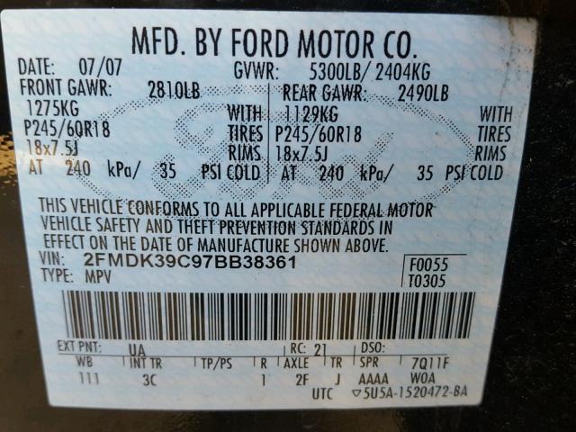 2FMDK39C97BB38361 - 2007 FORD EDGE SEL P BLACK photo 10