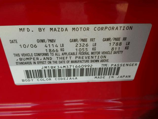 JM1BK34M371660992 - 2007 MAZDA SPEED 3 RED photo 10