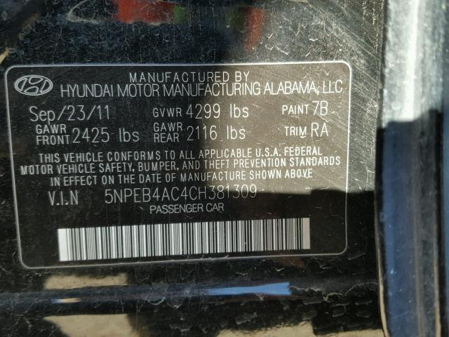 5NPEB4AC4CH381309 - 2012 HYUNDAI SONATA GLS BLACK photo 10