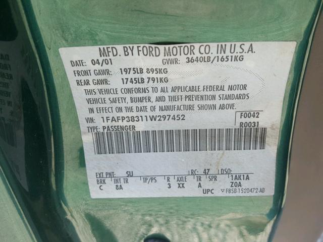 1FAFP38311W297452 - 2001 FORD FOCUS ZTS GREEN photo 10