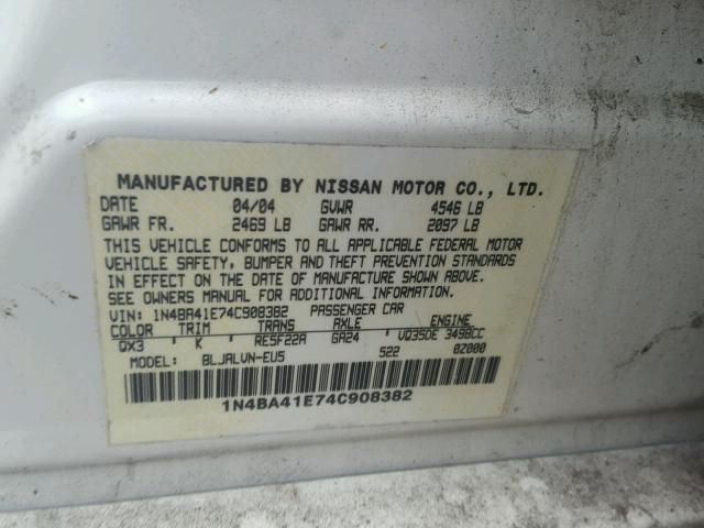 1N4BA41E74C908382 - 2004 NISSAN MAXIMA SE WHITE photo 10