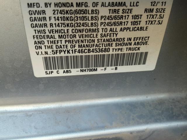 5FPYK1F46CB453680 - 2012 HONDA RIDGELINE SILVER photo 10