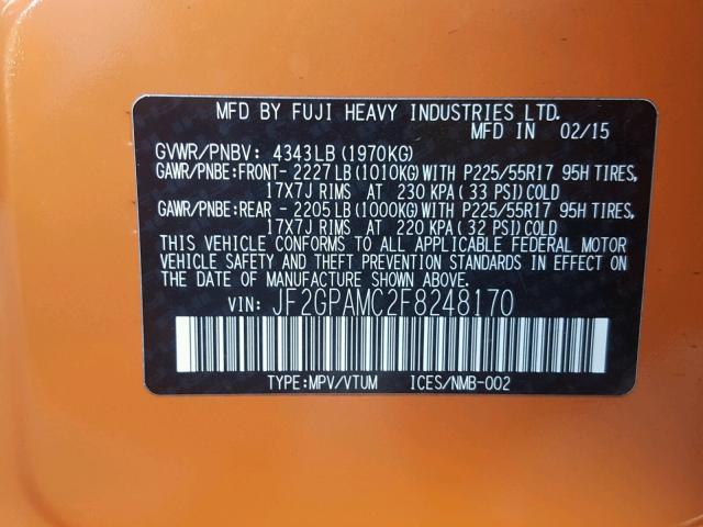 JF2GPAMC2F8248170 - 2015 SUBARU XV CROSSTR ORANGE photo 10