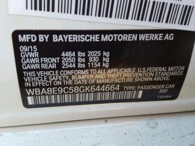 WBA8E9C58GK644664 - 2016 BMW 328 I SULE WHITE photo 10