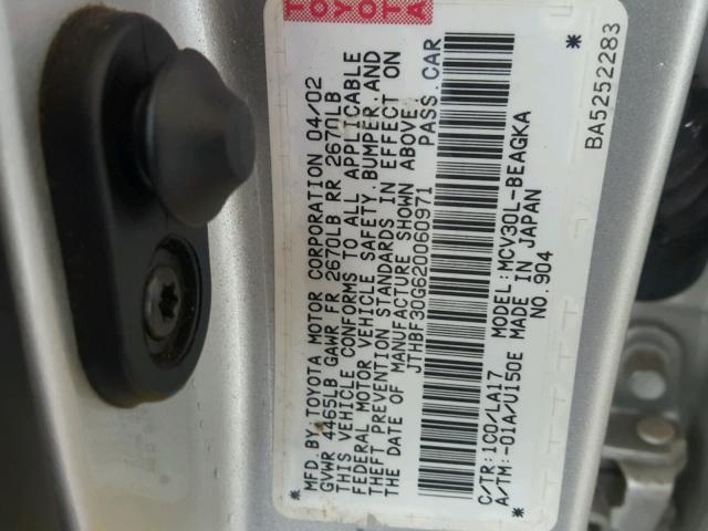 JTHBF30G620060971 - 2002 LEXUS ES 300 SILVER photo 10