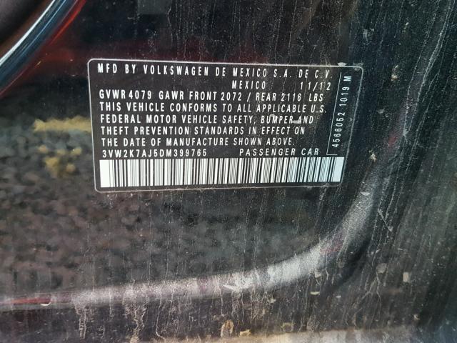 3VW2K7AJ5DM399765 - 2013 VOLKSWAGEN JETTA BASE BLACK photo 10