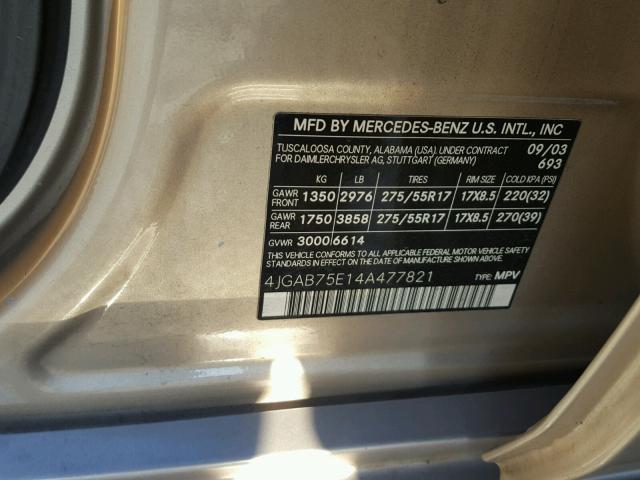 4JGAB75E14A477821 - 2004 MERCEDES-BENZ ML 500 GOLD photo 10