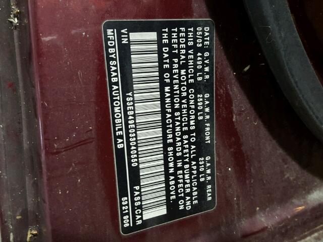 YS3EB49E033040550 - 2003 SAAB 9-5 LINEAR MAROON photo 10