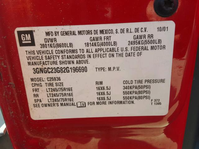 3GNGC23G82G196690 - 2002 CHEVROLET AVALANCHE RED photo 10