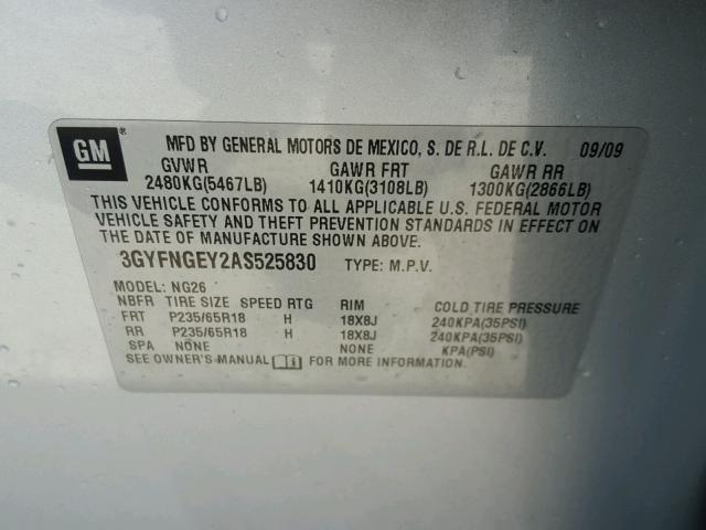 3GYFNGEY2AS525830 - 2010 CADILLAC SRX SILVER photo 10