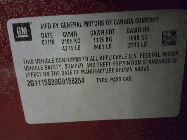 2G1115S39G9158254 - 2016 CHEVROLET IMPALA LT MAROON photo 10