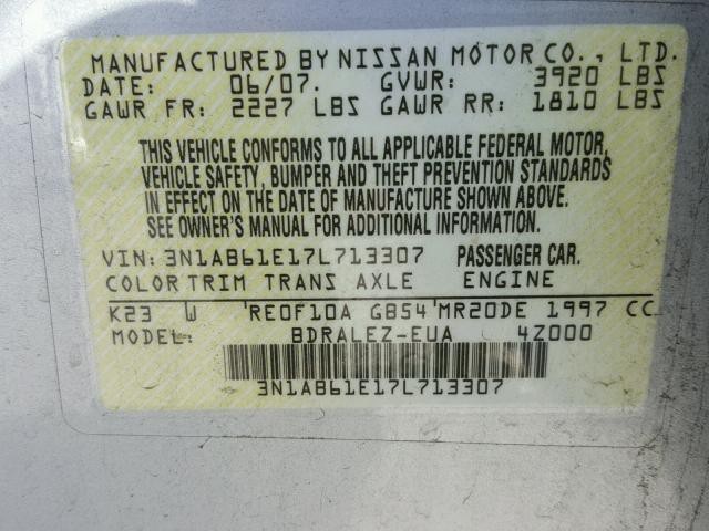 3N1AB61E17L713307 - 2007 NISSAN SENTRA 2.0 SILVER photo 10