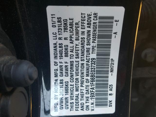 19XFA1F66BE037329 - 2011 HONDA CIVIC LX-S შავი ფოტო 10