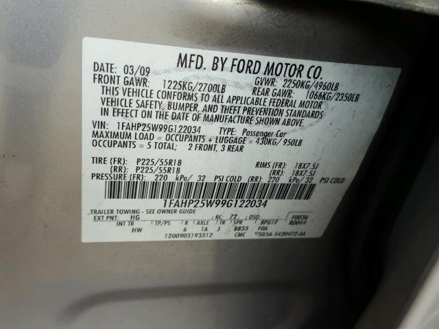 1FAHP25W99G122034 - 2009 FORD TAURUS LIM GRAY photo 10