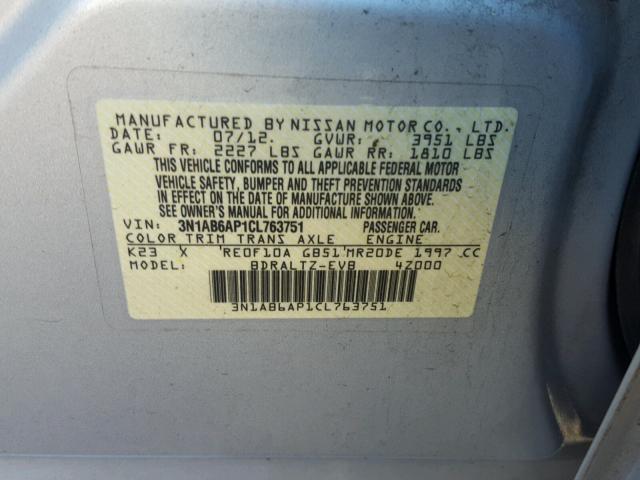 3N1AB6AP1CL763751 - 2012 NISSAN SENTRA 2.0 SILVER photo 10