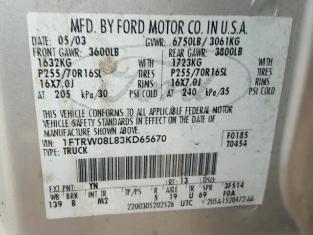 1FTRW08L83KD65670 - 2003 FORD F150 SUPER SILVER photo 10