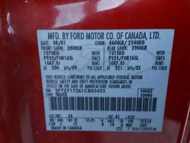 2FTZF17261CB03453 - 2001 FORD F150 RED photo 10