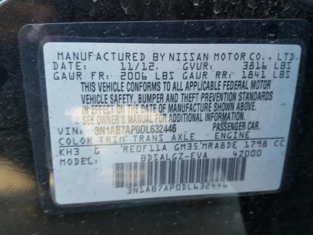 3N1AB7AP0DL632446 - 2013 NISSAN SENTRA S BLACK photo 10