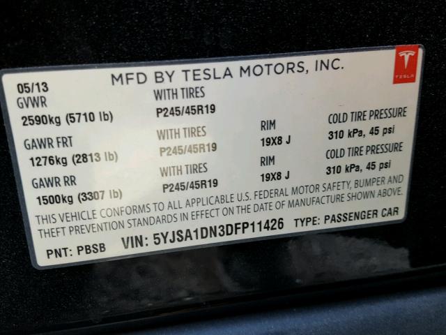 5YJSA1DN3DFP11426 - 2013 TESLA MODEL S Սև լուսանկար 10