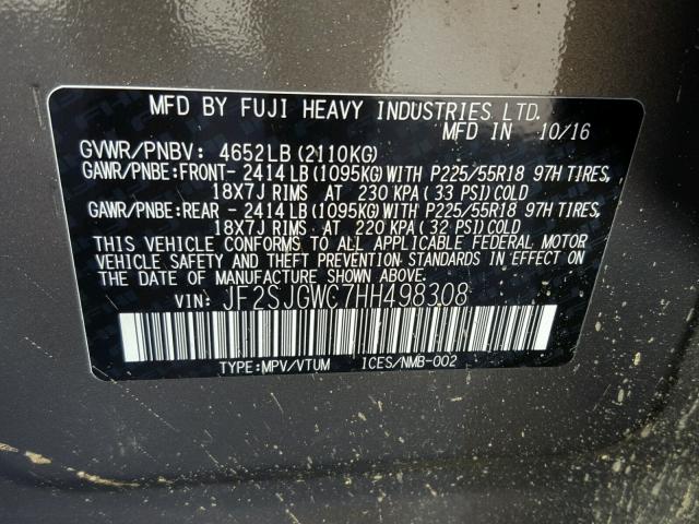 JF2SJGWC7HH498308 - 2017 SUBARU FORESTER 2 BROWN photo 10