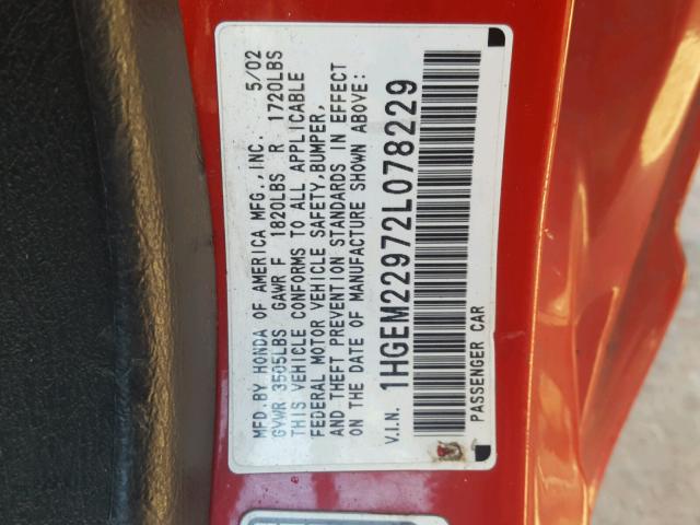 1HGEM22972L078229 - 2002 HONDA CIVIC EX RED photo 8