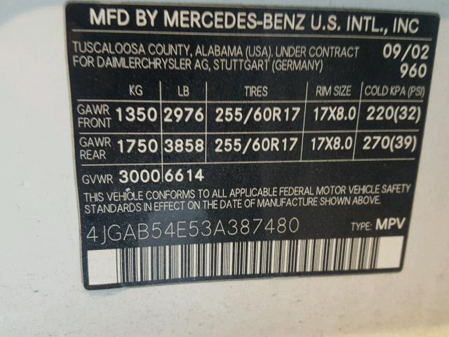 4JGAB54E53A387480 - 2003 MERCEDES-BENZ ML 320 WHITE photo 10