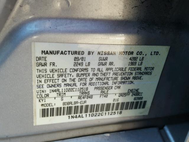 1N4AL11D22C112518 - 2002 NISSAN ALTIMA BAS SILVER photo 10