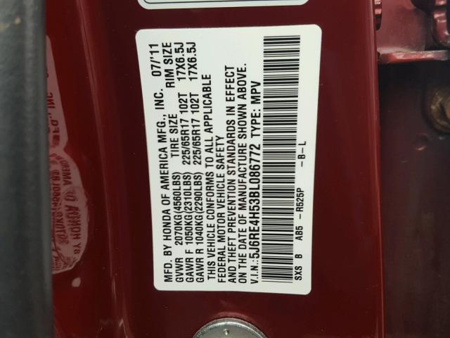5J6RE4H53BL086772 - 2011 HONDA CR-V EX RED photo 10