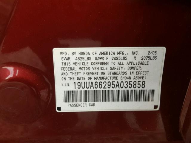 19UUA66295A035858 - 2005 ACURA TL BURGUNDY photo 10