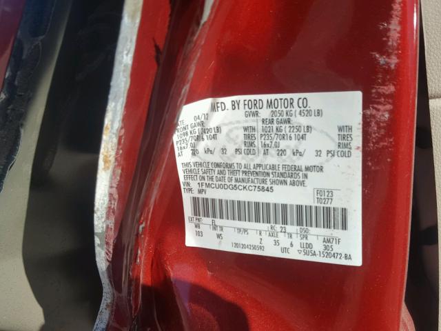 1FMCU0DG5CKC75845 - 2012 FORD ESCAPE XLT RED photo 10