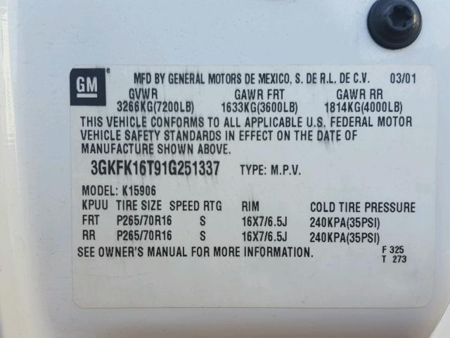 3GKFK16T91G251337 - 2001 GMC YUKON XL K WHITE photo 10