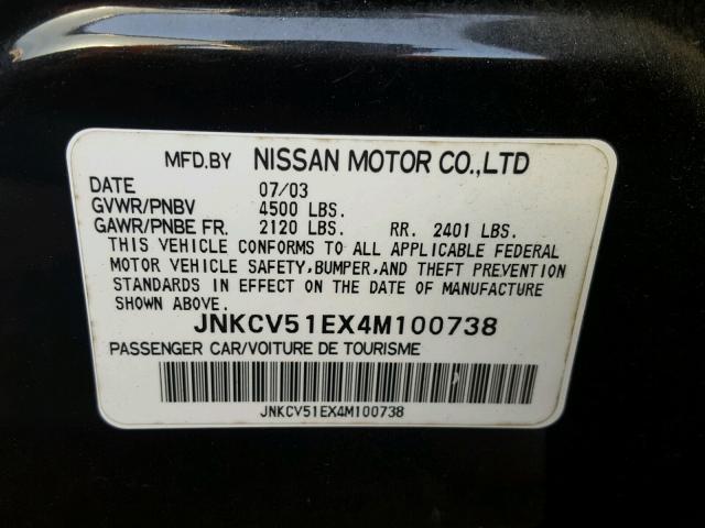 JNKCV51EX4M100738 - 2004 INFINITI G35 BLACK photo 10