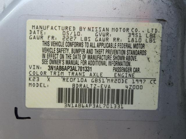 3N1AB6AP3AL701331 - 2010 NISSAN SENTRA 2.0 GRAY photo 10