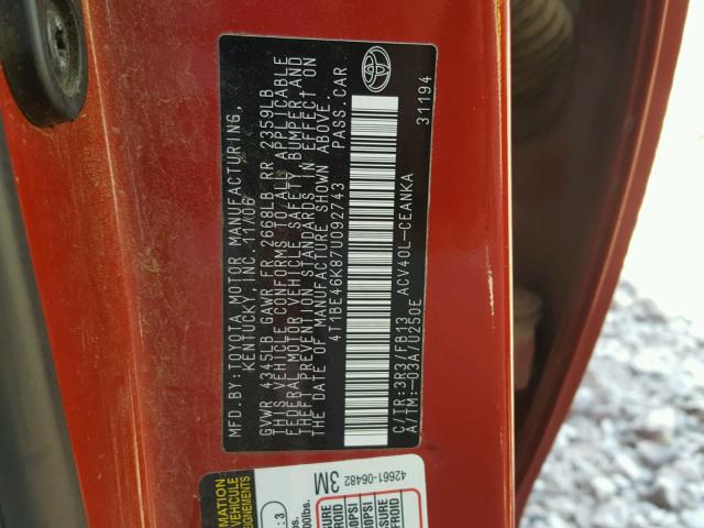 4T1BE46K87U092743 - 2007 TOYOTA CAMRY NEW RED photo 10