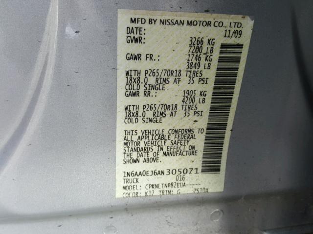 1N6AA0EJ6AN305071 - 2010 NISSAN TITAN XE SILVER photo 10