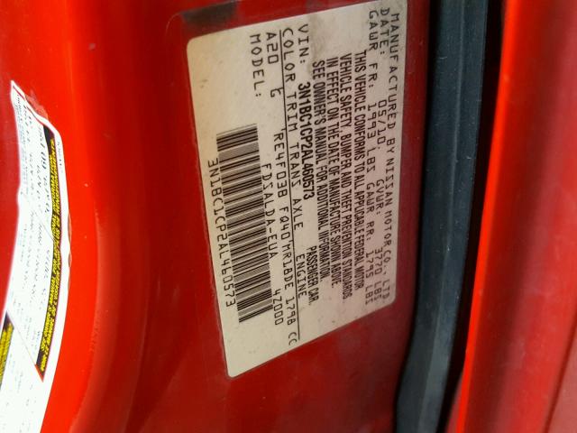 3N1BC1CP2AL460573 - 2010 NISSAN VERSA S RED photo 10