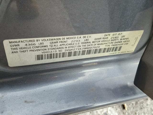 3VWHZ71K78M007020 - 2008 VOLKSWAGEN JETTA S 灰色 照片 10