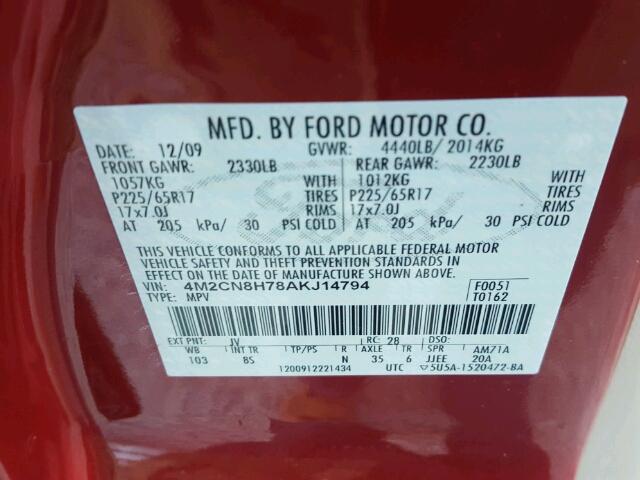 4M2CN8H78AKJ14794 - 2010 MERCURY MARINER PR RED photo 10