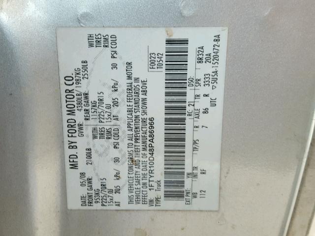 1FTYR10D48PA86966 - 2008 FORD RANGER SILVER photo 10