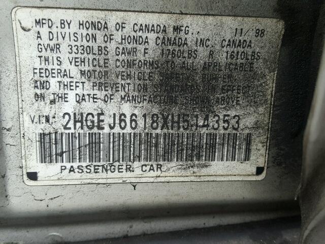 2HGEJ6618XH514353 - 1999 HONDA CIVIC BASE GRAY photo 10