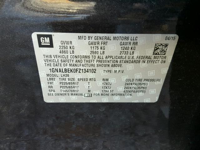 1GNALBEK0FZ134102 - 2015 CHEVROLET EQUINOX LT CHARCOAL photo 10