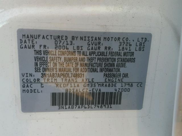 3N1AB7AP6DL748931 - 2013 NISSAN SENTRA S WHITE photo 10