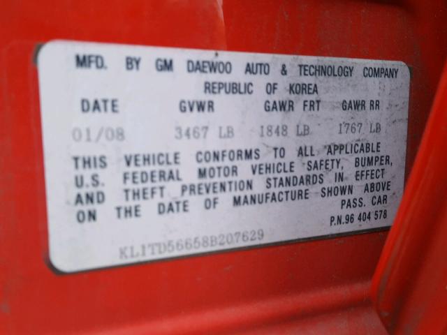 KL1TD56658B207629 - 2008 CHEVROLET AVEO BASE RED photo 10