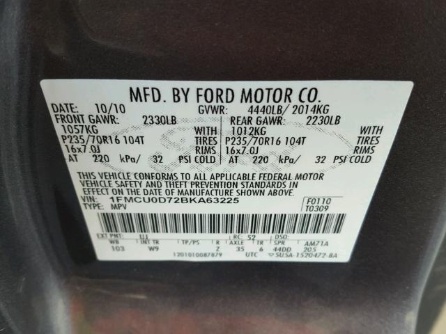 1FMCU0D72BKA63225 - 2011 FORD ESCAPE XLT GRAY photo 10