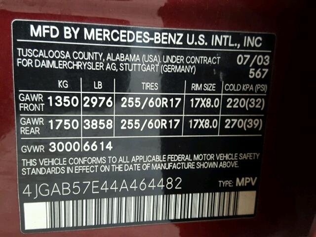 4JGAB57E44A464482 - 2004 MERCEDES-BENZ ML 350 BURGUNDY photo 10