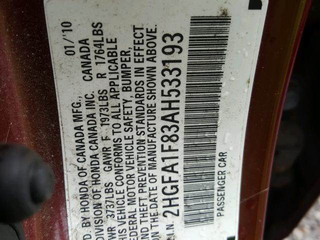 2HGFA1F83AH533193 - 2010 HONDA CIVIC EX წითელი ფოტო 10