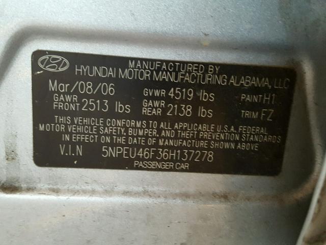 5NPEU46F36H137278 - 2006 HYUNDAI SONATA GLS SILVER photo 10