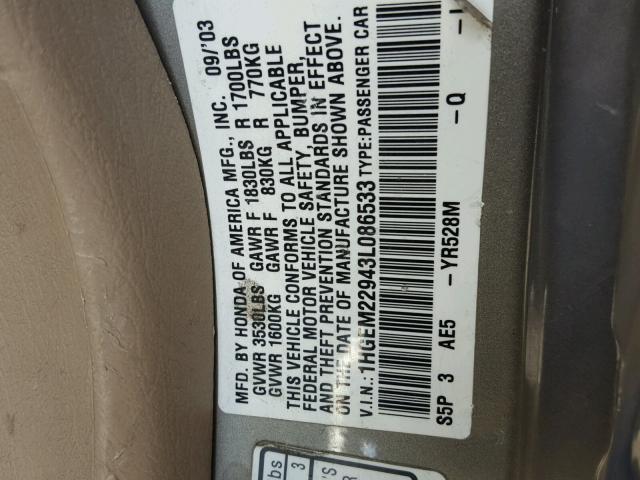 1HGEM22943L086533 - 2003 HONDA CIVIC EX 金色 照片 10