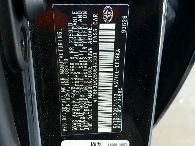 4T1BF3EK2BU642309 - 2011 TOYOTA CAMRY BASE BLACK photo 10