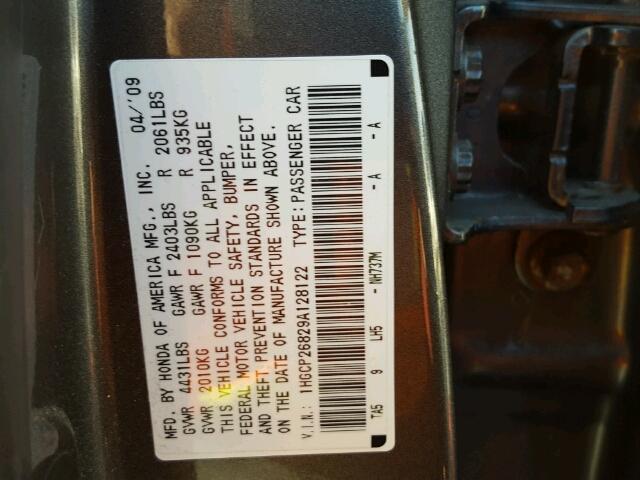 1HGCP26829A128122 - 2009 HONDA ACCORD EXL GRAY photo 10